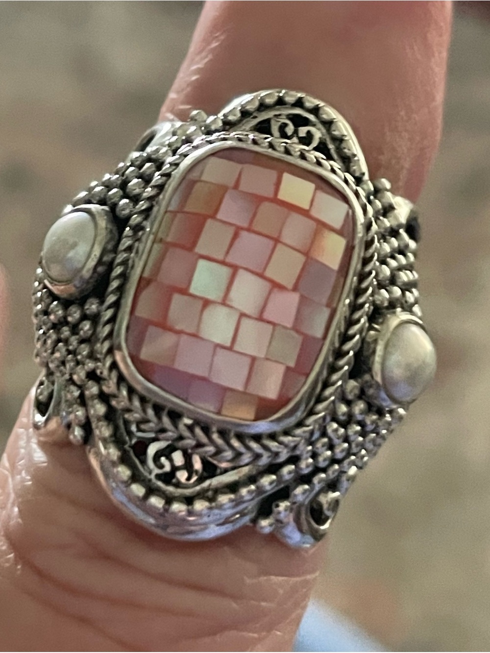 SARDA Mosaic  MOP & Pearl Sterling Silver Ring sz 7